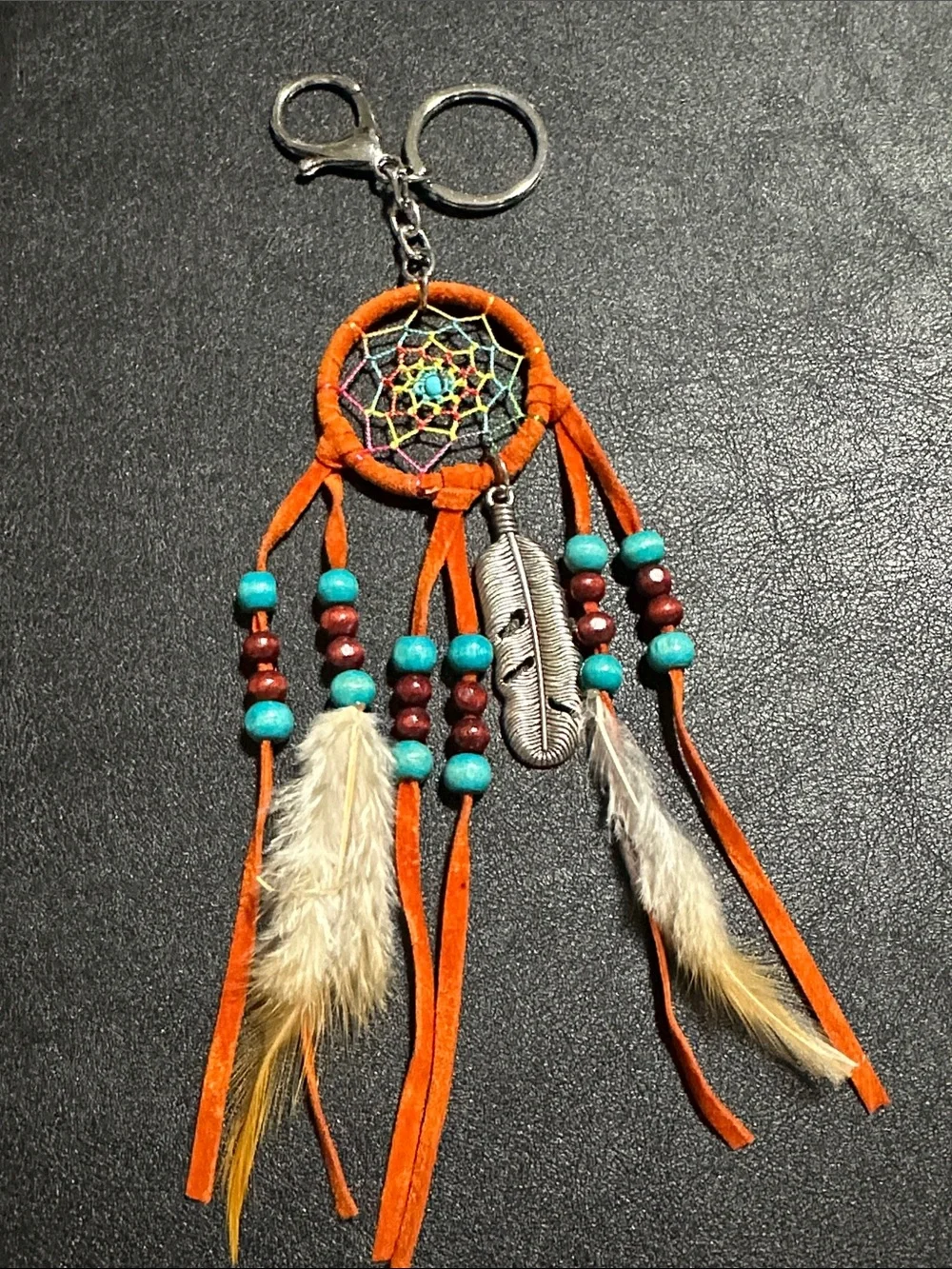 225.  Dream Catcher With Feathers & Wood Beads Key Chain / Bag Charm